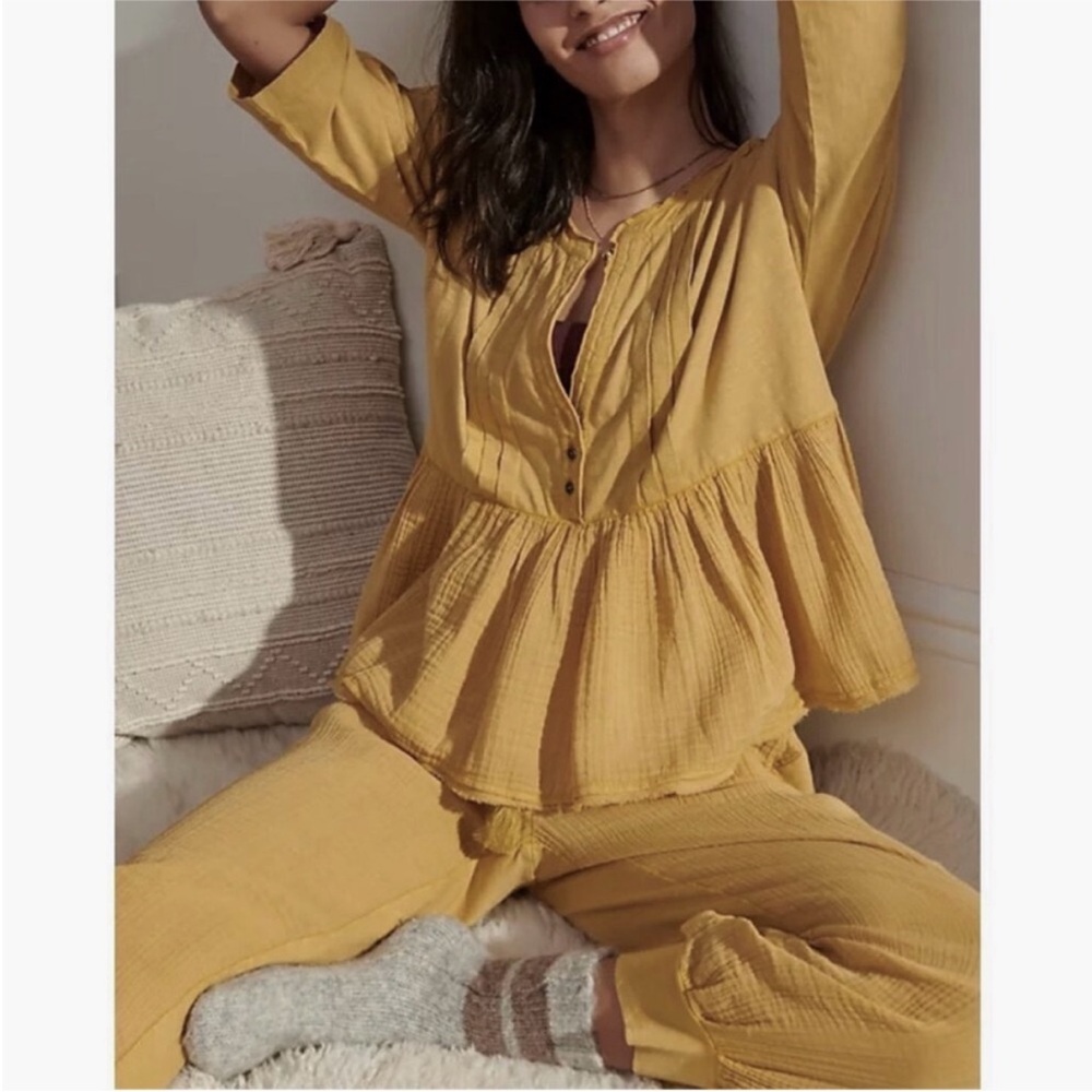 Anthropologie Beverly Mustard Yellow Cotton Gauze Pajama Swing Top Small Lounge